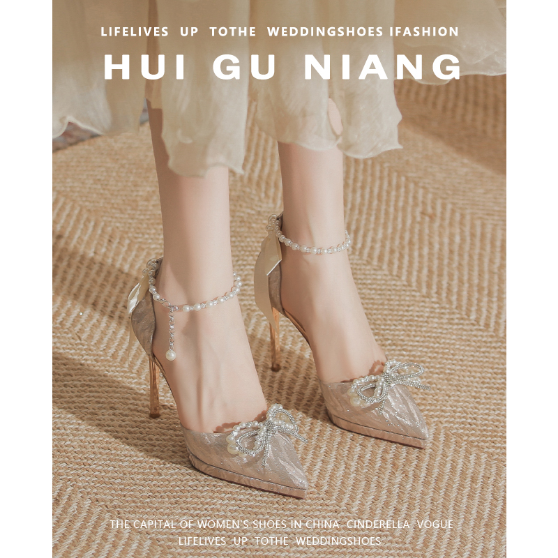 Model Catwalk High Heels Waterproof Platform Crystal Shoes Women's French Pointed Toe Stiletto Bow One-Word Buckle Hollow Sandals