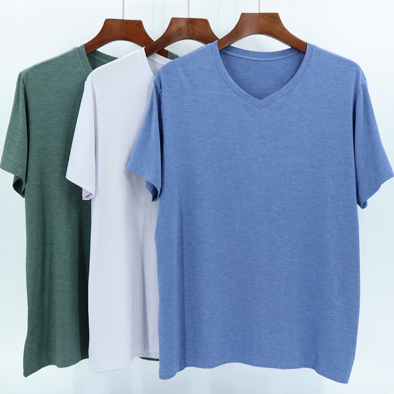 Men's V-neck T-shirt plus fat size bamboo fiber short sleeves old man shirt middle and elderly loose stretch Modal half sleeves