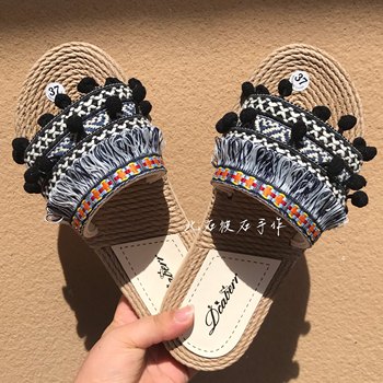 This Shipi stone is hand-made imitation hemp rope fur ball tassel slippers vacation seaside beach shoes bohemian style niche shoes