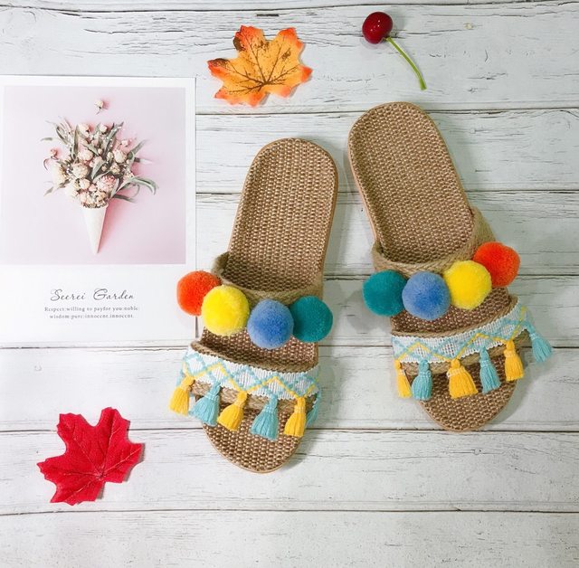 Thailand travel vacation improved linen flat fur ball straw woven shoes seaside cute fairy slippers ethnic wind sandals
