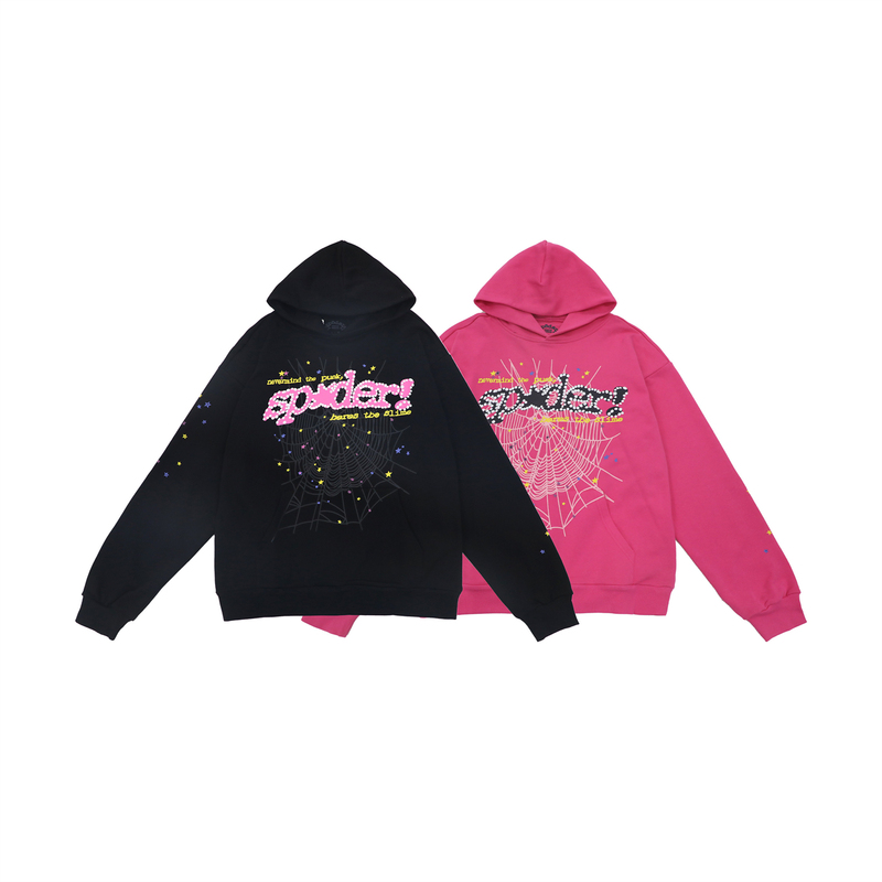 Sp5Der Hooded Sweatshirt with Spider Web, Star, and Letter Print, American Street Style Trendy Brand Jacket, Casual Pullover for Men