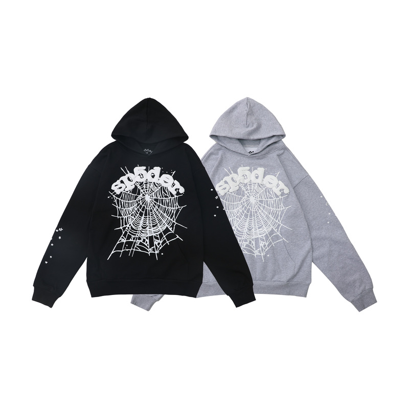 Sp5Der Hooded Sweatshirt with Spider Web Letter Print, American Style Trendy Hip-Hop Jacket, Foreign Trade Pure Cotton Pullover Hoodie