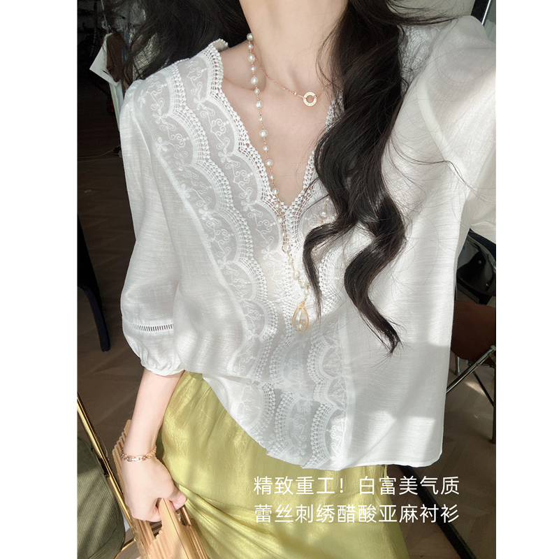 Super Exquisite! Lace Embroidered White Shirt, Acetate Linen V-Neck, Loose Puff Sleeves, Tencel Top for Women, Summer Super Exquisite! Lace Embroidered White Shirt, Acetate Linen V-Neck, Loose Puff Sleeves, Tencel Top for Women, Summer