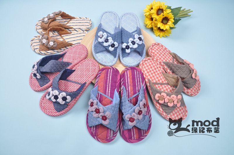 Yage Fabric 0483 New Floral Button Slippers Summer Sandals Fashionable Korean Style Cotton Home Floor Non-Slip