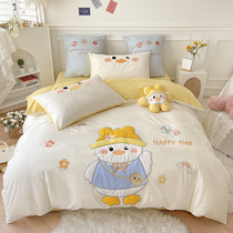 ins wind cartoon pure cotton bed with four pieces 100 full cotton bed linen children three sets bed bamboo hat girl