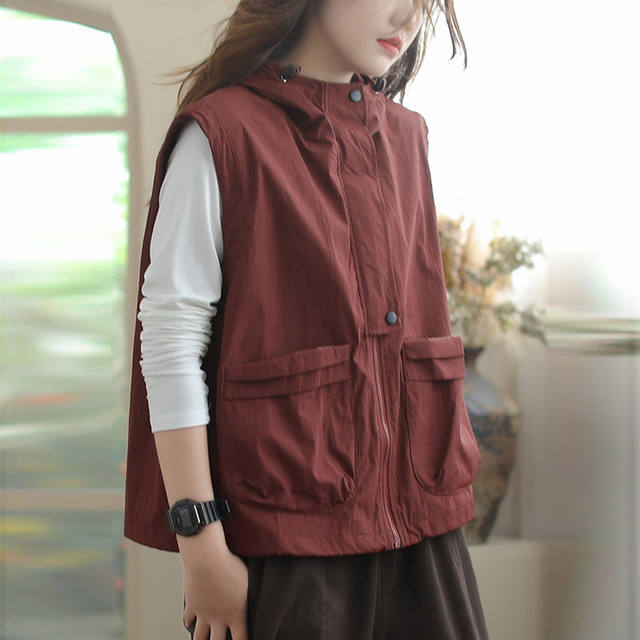 Hooded vest spring and autumn new double coat for women's work pocket loose retro vest versatile waistcoat