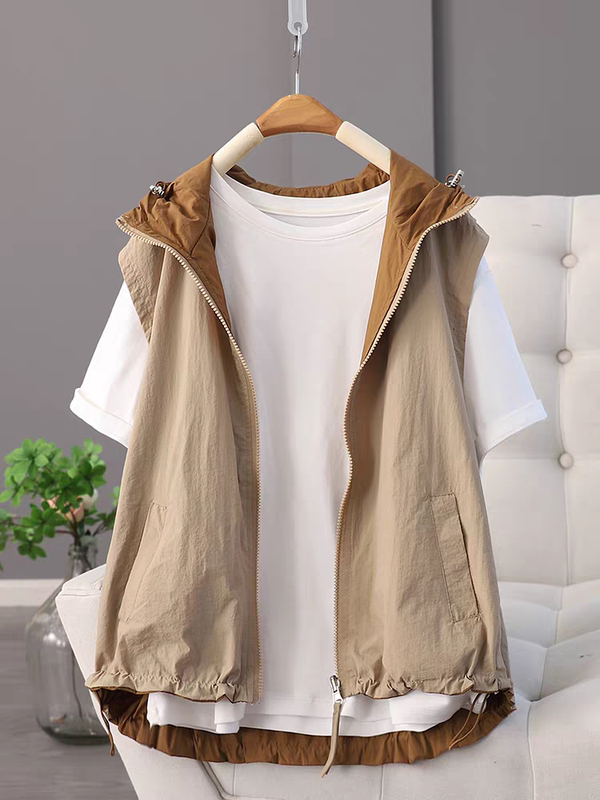 Summer Reversible Hooded Casual Vest for Women 2026 Sleeveless Korean Style Color-Blocking Fashion Vest Jacket Top