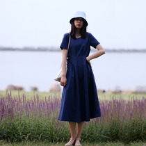Hepburn style temperament cotton long skirt female French cotton a-shaped knee slightly fat cover belly slim dress long