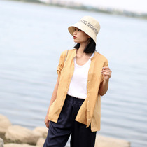 Orange top female summer hemp material slightly fat slim coat belly cover belly V collar front short back long linen shirt blouse