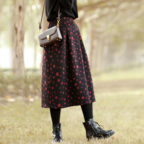 a word woolen polka dot skirt long vintage slim long winter A- line dress winter dress woolen skirt