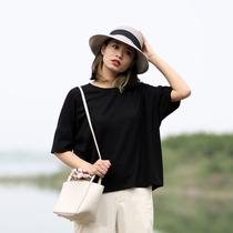 Black knitted cotton short sleeve irregular T-shirt female summer loose thin lazy wind front short back long T-shirt female summer