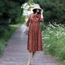 Literary temperament spring and summer New slightly fat womens long skirt slim high sleeve retro floral dress autumn Long