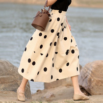 French polka spot skirt summer a word Hepburn wind elastic waist umbrella skirt cotton linen skirt skirt
