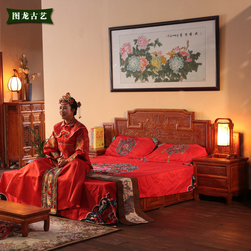 Antique box body 2 meters big bed landscape carving Ming and Qing classical furniture hooks South elm double bunk bed - Taobao