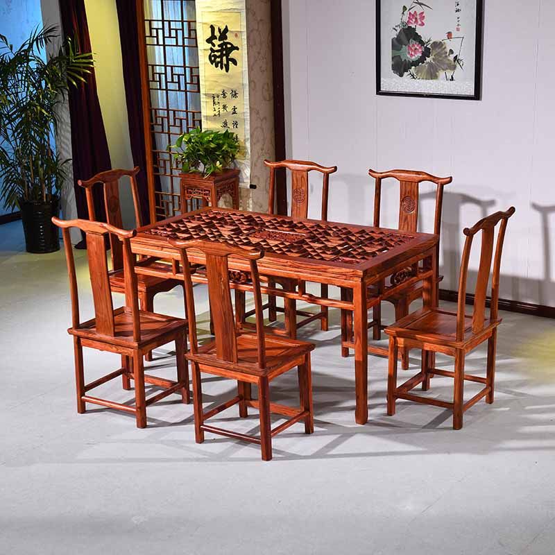 Antique glass table Chinese solid wood elm wood rectangular hollowed-out carved dining table hotel restaurant table and chairs combination