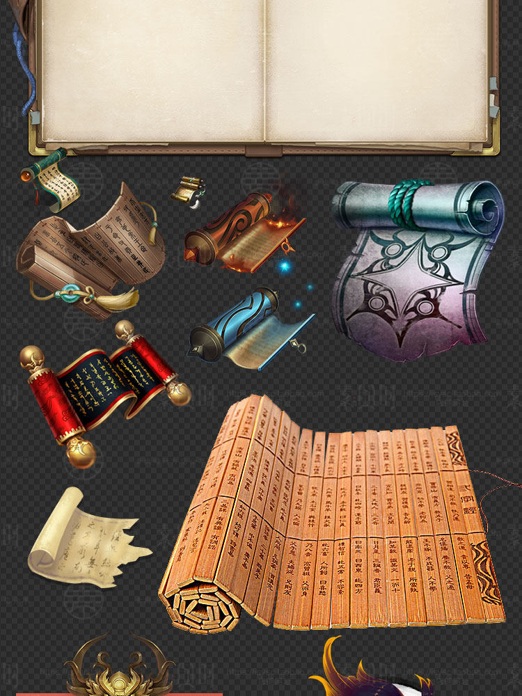 复古卷轴旗帜美术卡牌UI边框宣纸展开书本bg免扣游戏美术设计素材
