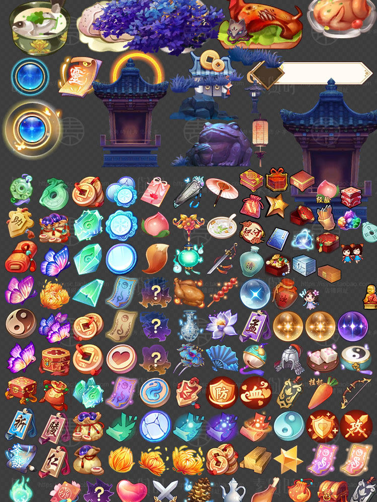 中国风卡通和风美术设计参考素材/UI界面图标技能模型立绘音效