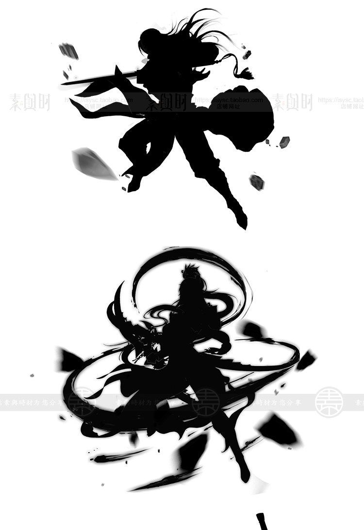 水墨侠剑客人物插画黑白国风剪影武侠背景png免抠PSD设计素材