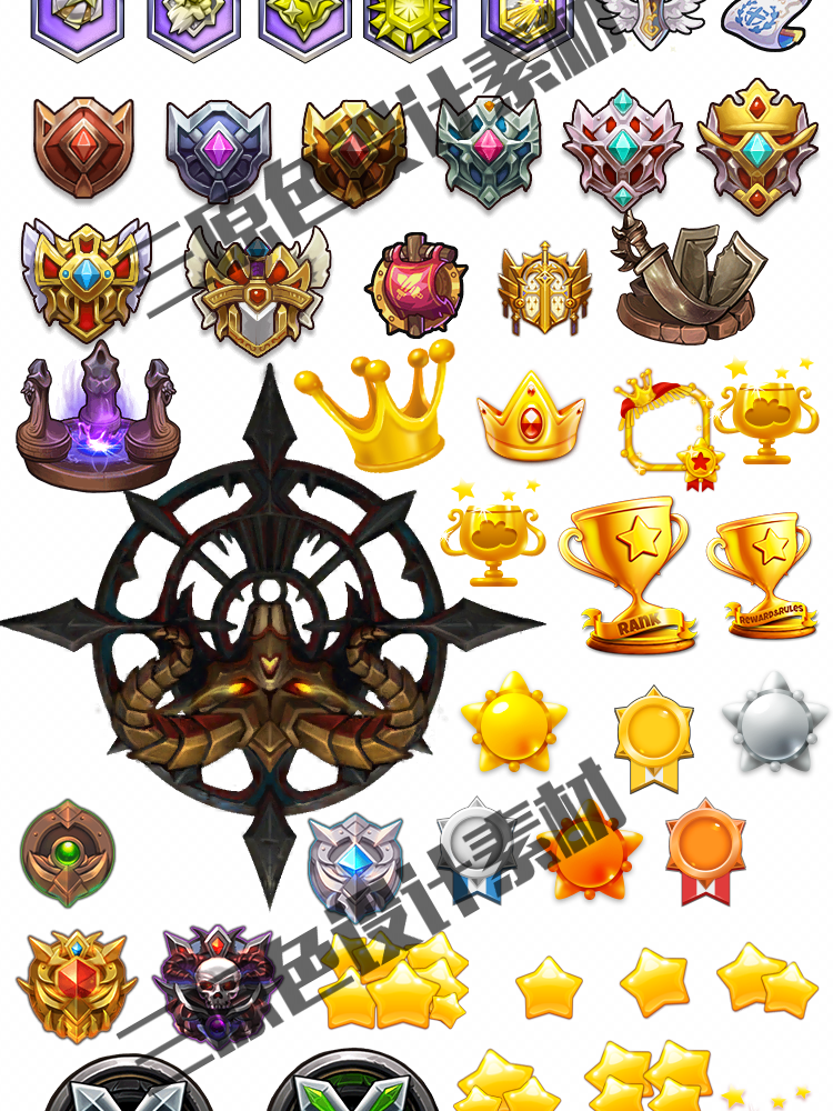 手游游戏UI设计常用素材 徽章 皇冠 等级 图腾 勋章 图标 素材