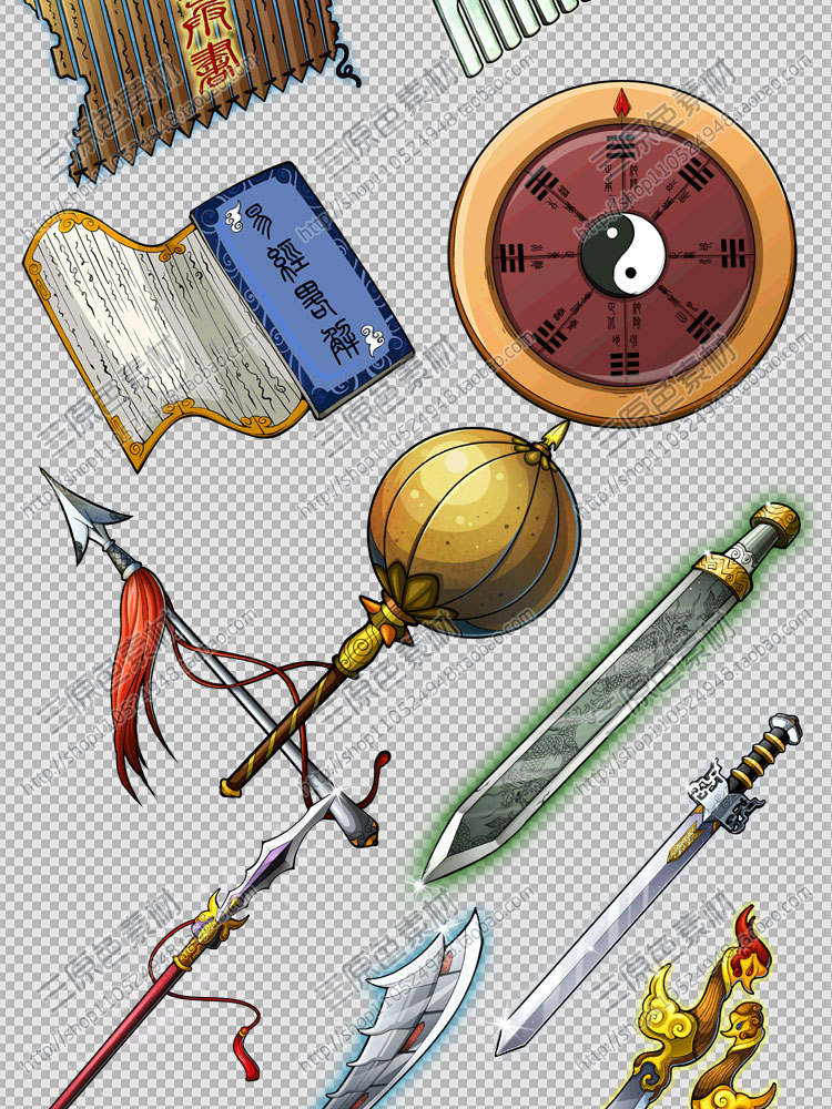 游戏美术素材资源Q版古风武器装备兵器素材UI图标 PNG源文件 游戏美术素材资源Q版古风武器装备兵器素材UI图标 PNG源文件