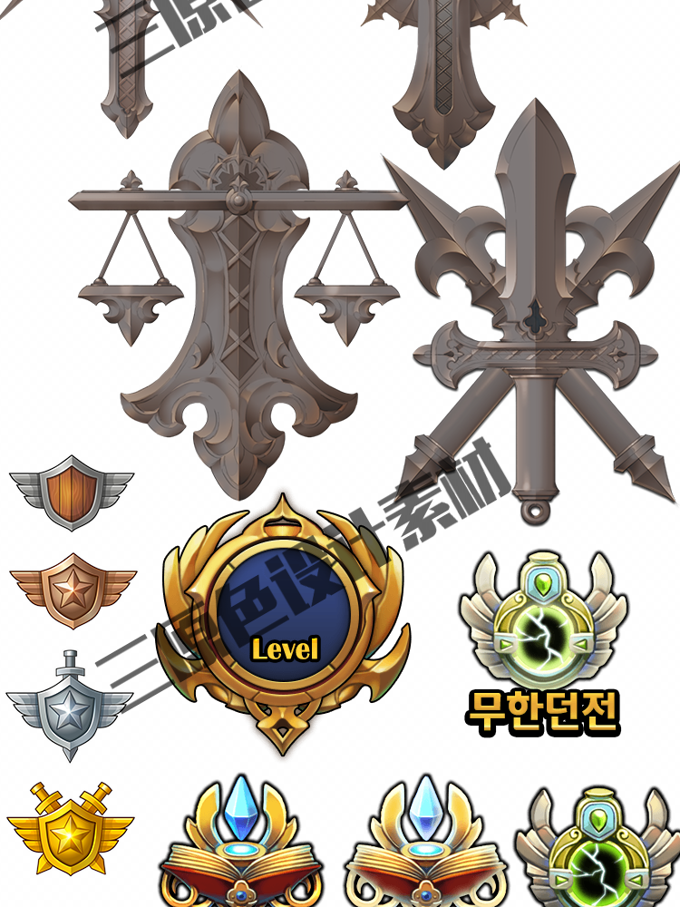 手游游戏UI设计常用素材 徽章 皇冠 等级 图腾 勋章 图标 素材