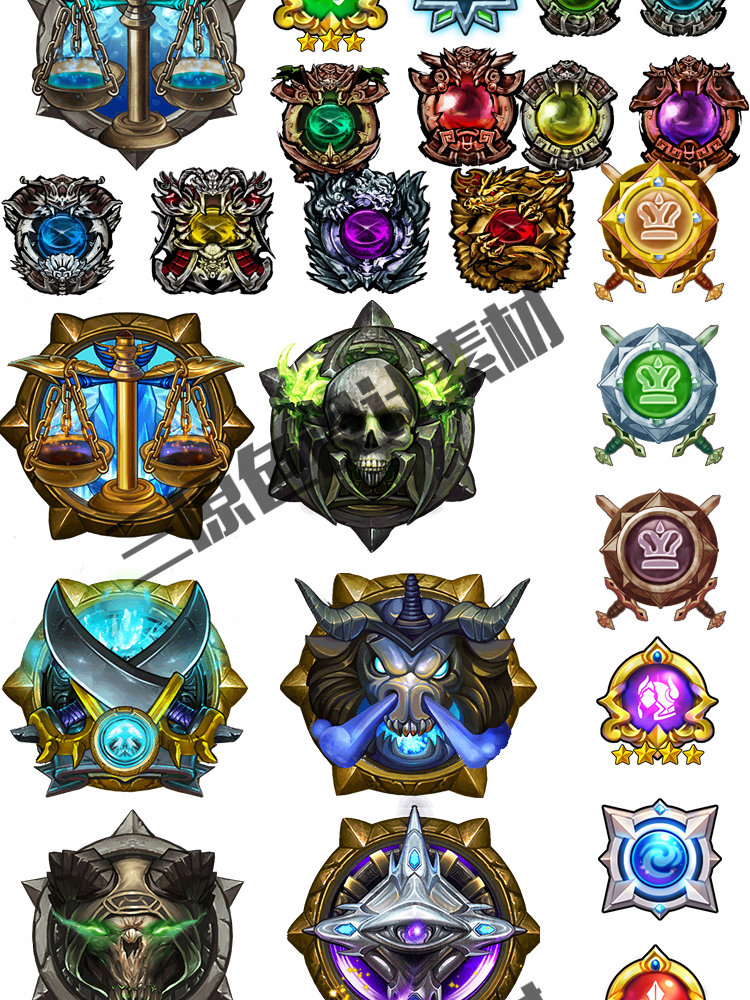 手游游戏UI设计常用素材 徽章 皇冠 等级 图腾 勋章 图标 素材
