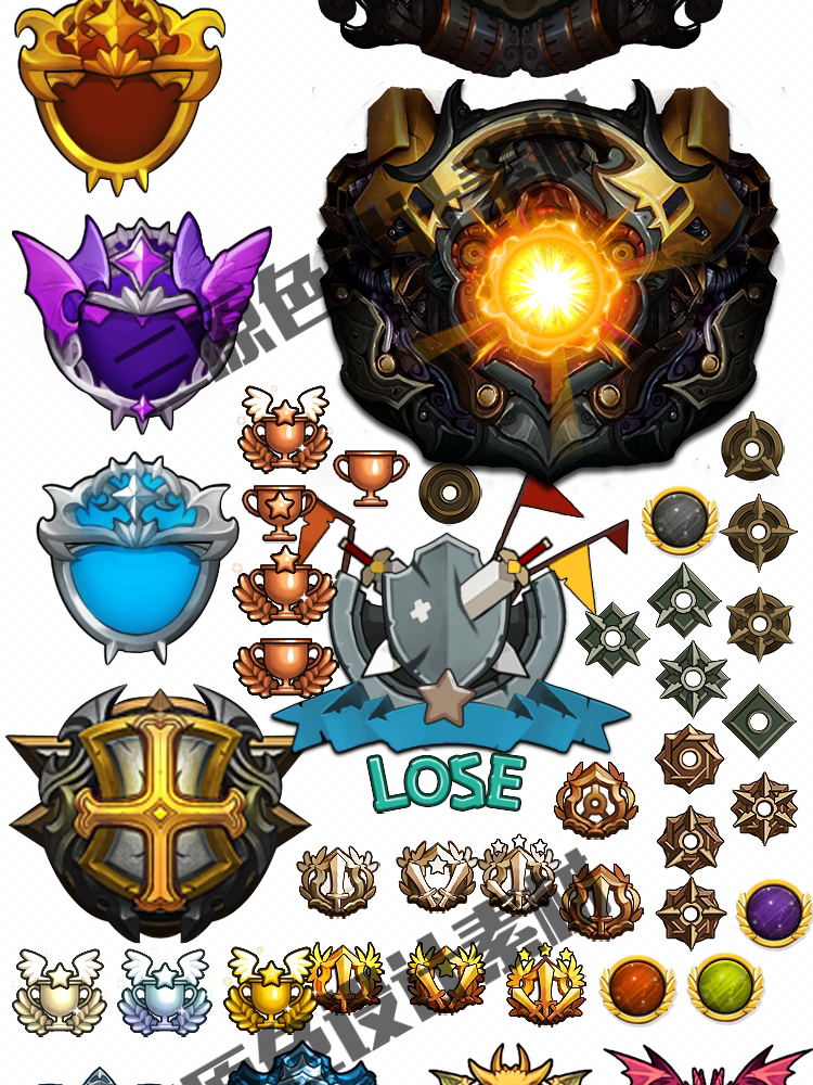 手游游戏UI设计常用素材 徽章 皇冠 等级 图腾 勋章 图标 素材