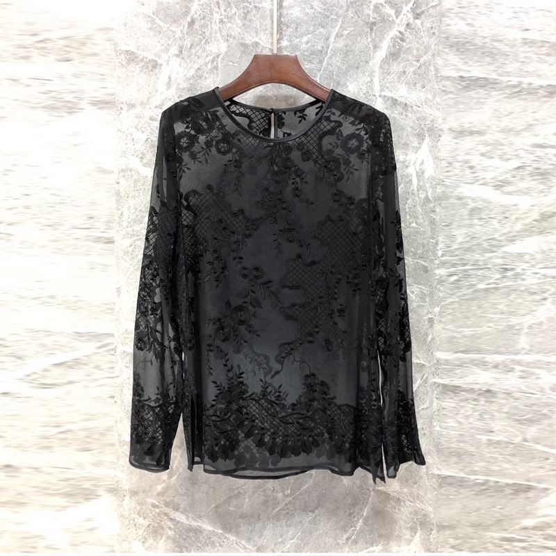 Broken # New Chinese Style See-Through Sexy Lace Blouse for Women, Spring and Autumn European Style Silk Slit Embroidered Top 52L28