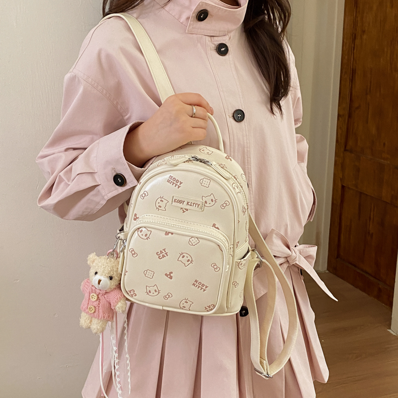 Spring Girly Cat Print Backpack for Girls, Sweet and Cute Mini Backpack, Cartoon Style Travel Small School Bag Spring Girly Cat Print Backpack for Girls, Sweet and Cute Mini Backpack, Cartoon Style Travel Small School Bag