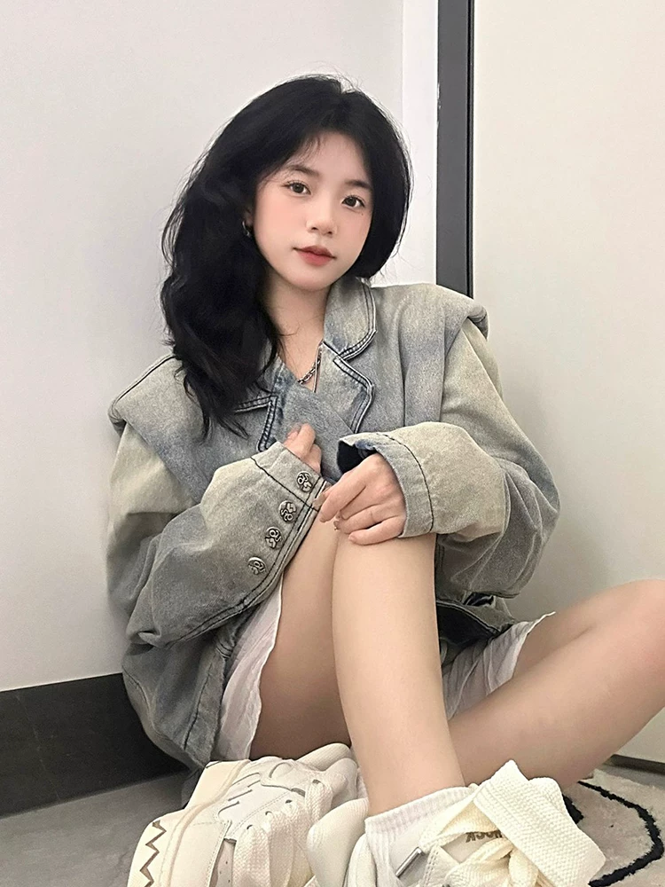 Ретро джинсовая весенняя куртка, дизайн с длинным рукавом, американский стиль, оверсайз