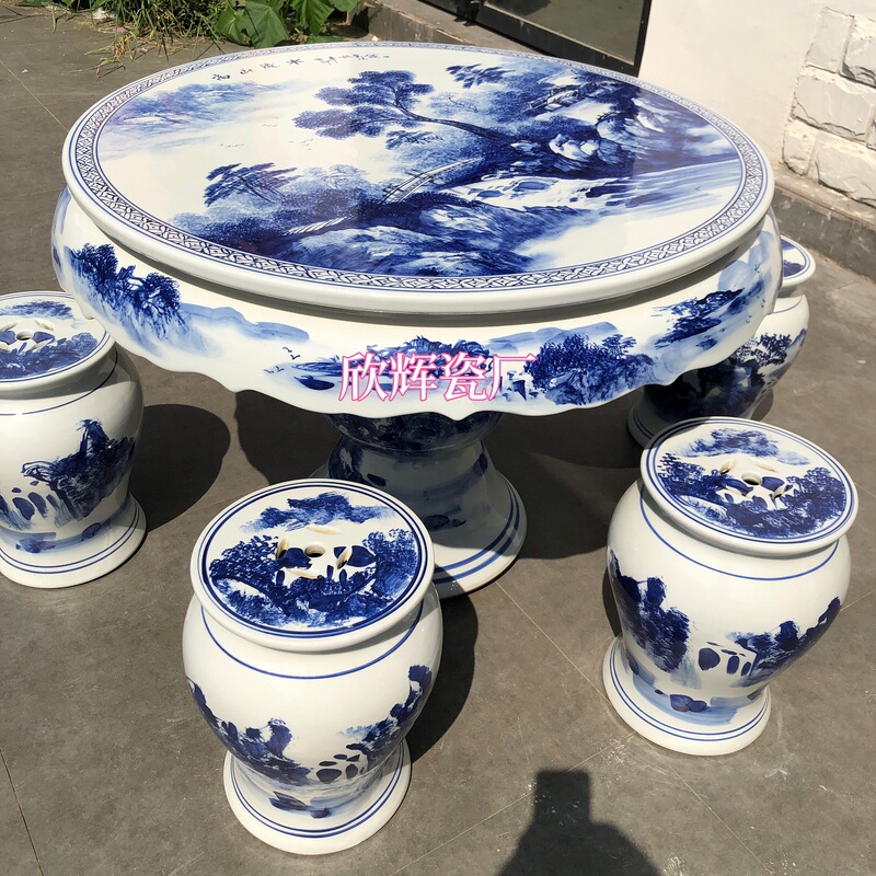 Jingdezhen Ceramic Table and Stool Set Hand-Painted Blue and White Porcelain Outdoor Courtyard Balcony Garden Villa Leisure Table and Chairs