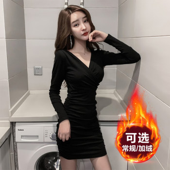 Cross V-neck sexy dress waist slim slimming thin autumn and winter plus velvet padded skirt female tight-fitting hip skirt