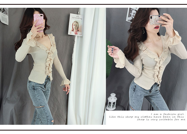 Sexy v-cổ đơn ngực xù lông tay áo sơ mi nữ mùa thu và mùa đông mới mỏng đan tay dài đan len áo len gucci