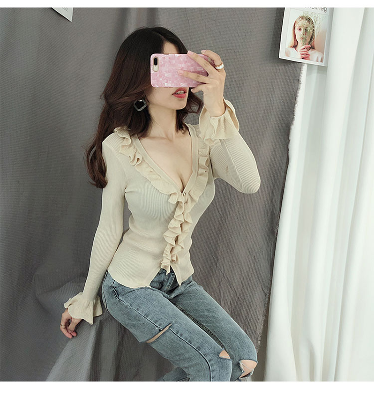 Sexy v-cổ đơn ngực xù lông tay áo sơ mi nữ mùa thu và mùa đông mới mỏng đan tay dài đan len áo len gucci