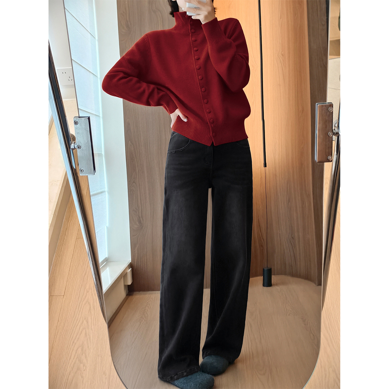 Light City_Su Xiaotang | Starfish Pants, Brushed Thickened Straight-Leg Jeans for Women, Winter High-Waisted Slim-Fit Narrow Wide-Leg Pants