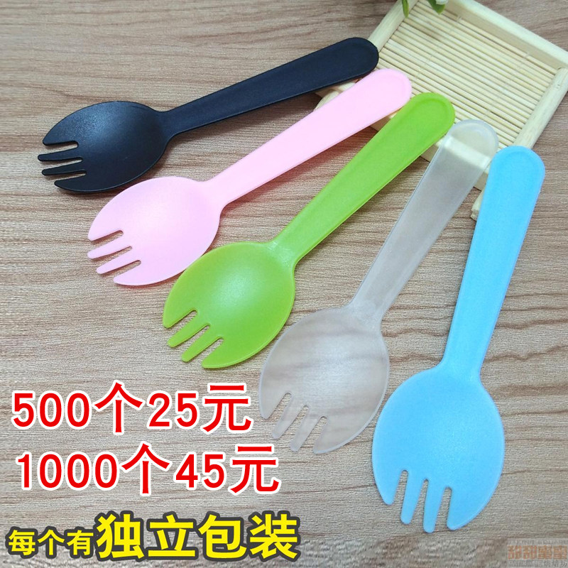 Cake fork disposable spoon three teeth fork plastic salad pastry ice cream spoon single packaging
