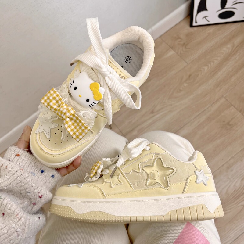 Creamy Yellow Kitty Star Shoes, Thick-Soled Cute Sneakers for Women, 2026 Spring Versatile Shoes, Student Casual Loafers