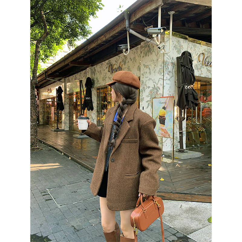 Linglai Melard Loose-Fitting Versatile Woolen Blazer for Women, Autumn and Winter British Retro High-End Suit