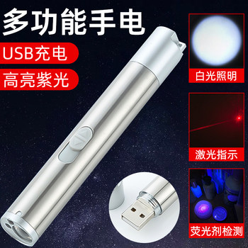 USB Laser Pointer Rechargeable Laser Flashlight Strong Light Small Flashlight Mini Portable Money Detector Light Multifunctional Three-In-One Moon Lamp