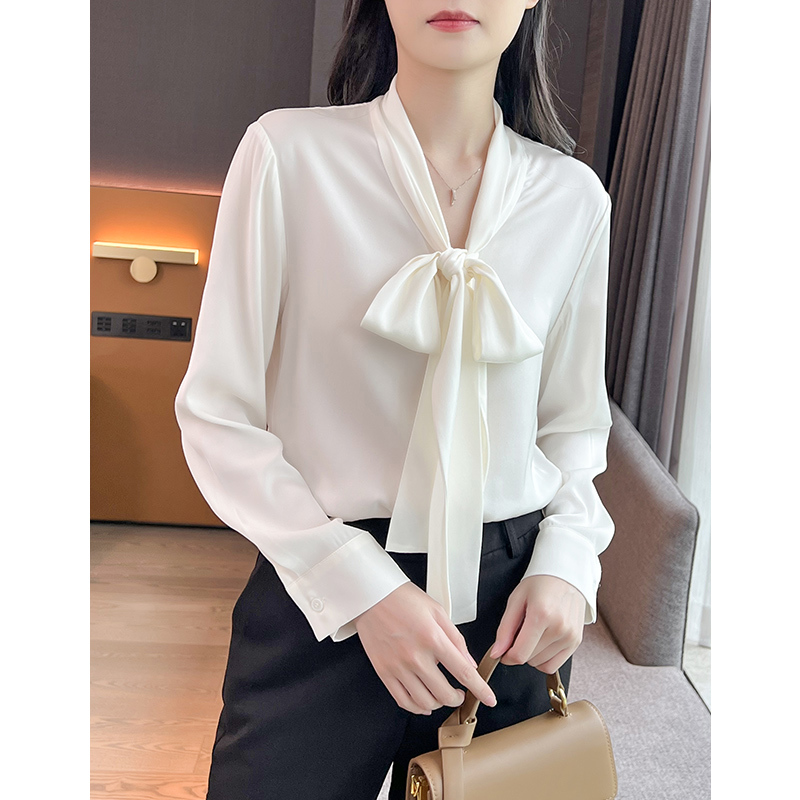 Zuozuo's Home: Light Luxury Style! Elegant Ribbon 100% Mulberry Silk Simple Commuter Heavy Double-Layer Silk Shirt