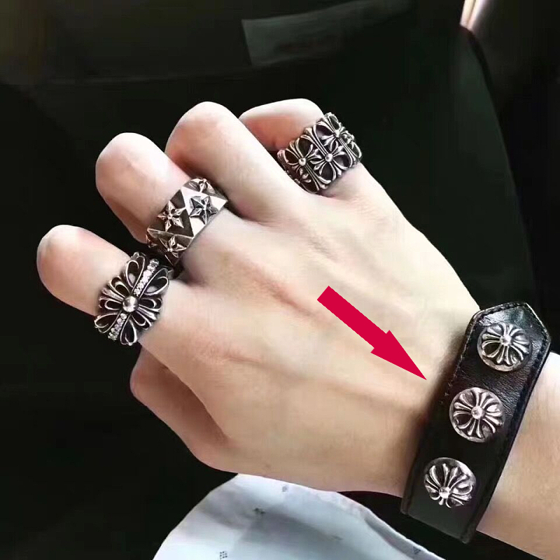 Rock Hearts Leather Bracelet Scout Flower Cross Flower Six-Pointed Star Family Portrait Bracelet Zhou Yangqing S925 Sterling Silver