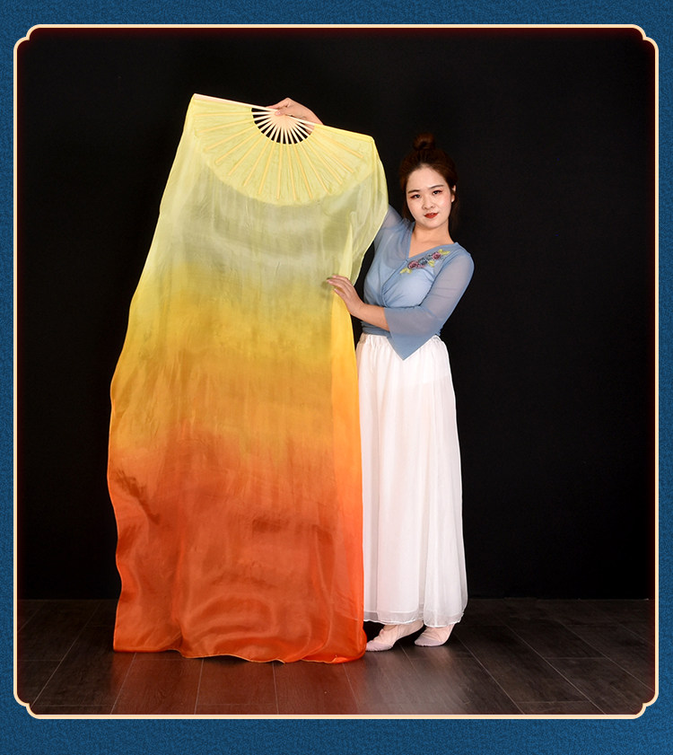 Танцевальный инвентарь 真丝舞蹈扇子古典舞中国风黄橙渐变双面加长演出道具跳舞长绸扇子