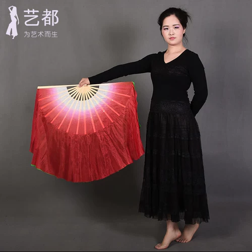 Аутентичный шелковый двусторонний двухцветный реквизит для сцены с одной стороной ярко-красный и с одной стороны зеленый градиентный танцевальный веер