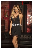 American Mapale Black Sexy Condole with Soft Halter Lace Trimmed Sleeping Dress with Thong