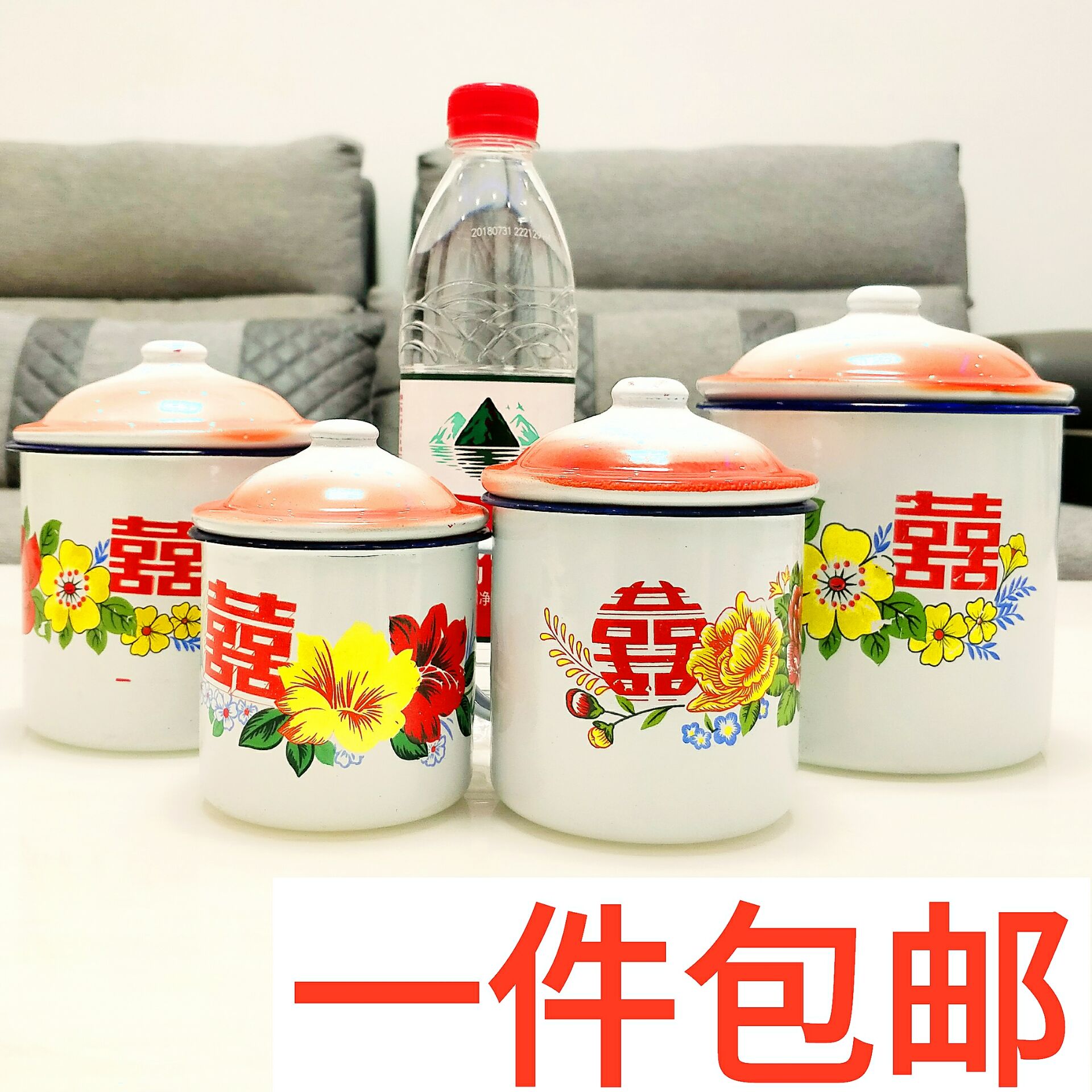 Nỗi nhớ men cốc đám cưới đôi hạnh phúc từ cổ điển retro bình trà sắt có nắp cũ cán cũ dung tích lớn cốc nước - Tách bình giữ lạnh