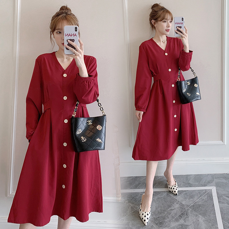 Early autumn pregnant women's autumn clothes Western style V-neck net red loose and thin trendy hot mom go out A-line skirt fashion maternity dress