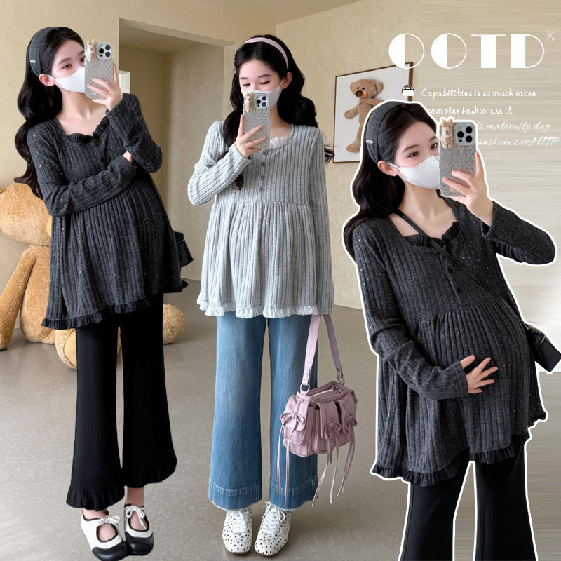 Maternity Spring Tops 2026 New Style French Style Maternity Wear That Doesn'T Show Pregnancy, Baby Shirt Spring and Autumn Knitted Base Shirt