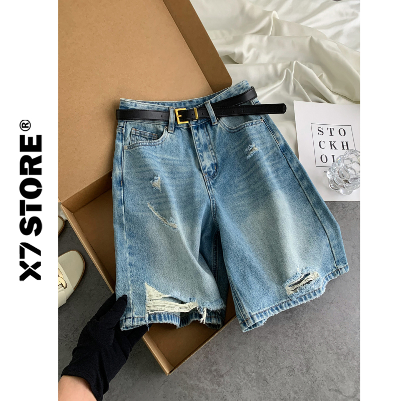 European Retro Ripped Denim Shorts for Women, Knee-Length Shorts, 2026 Summer High-Waisted Loose Slimming Casual Straight-Leg Mid-Length Pants European Retro Ripped Denim Shorts for Women, Knee-Length Shorts, 2026 Summer High-Waisted Loose Slimming Casual Straight-Leg Mid-Length Pants