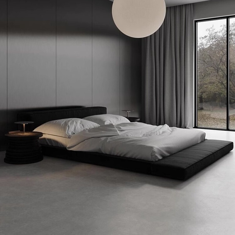 Italian Normcore Wabi-Sabi Style Black Master Bedroom 2m Large Bed Extra Wide Tatami Low Bed Modern Simple Fabric Wedding Bed