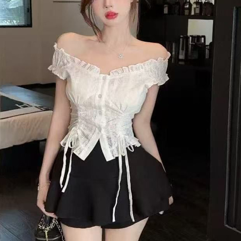 Spicy Girl Pure Desire Style White Ruffled Lace Unique Sleeveless Shirt for Women Summer Off-Shoulder Two-Way Wear Waist-Cinching Top